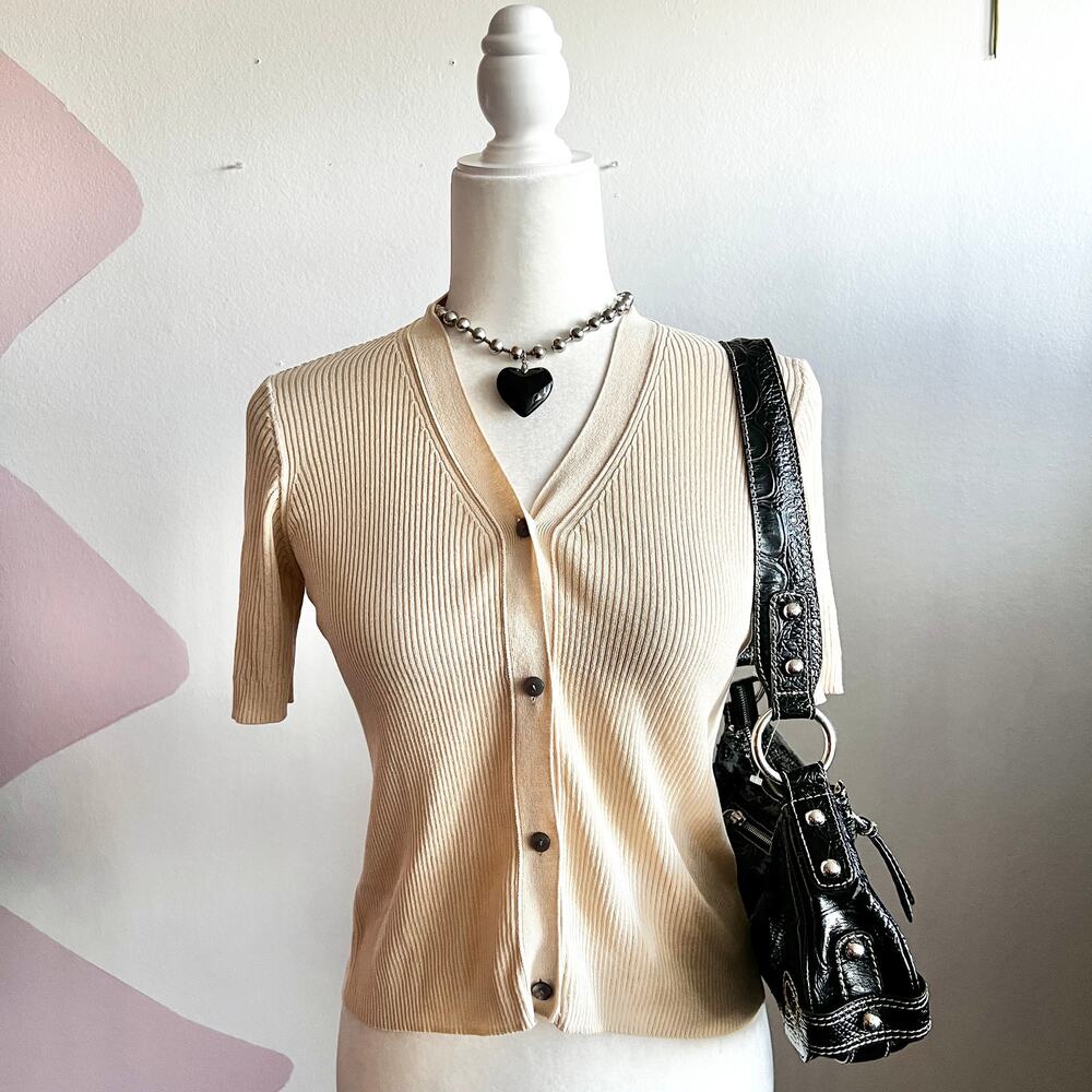 Brown‎ Ribbed Button Up Top Y2K 2000s Retro Indie Minimalist Soft Girl Medium